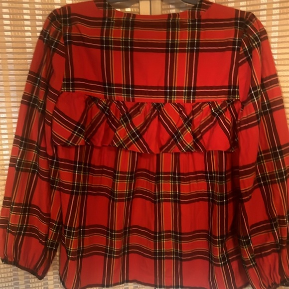 J CREW RED PLAID FLANNEL BLOUSE WITH RUFFLE ACCENT SIZE MEDIUM - Picture 5 of 5